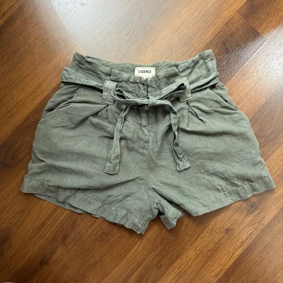 L’Agence Hillary Linen Paperbag Front Tie Belted Shorts Green Boho Casual Sz 24 - Picture 1 of 7